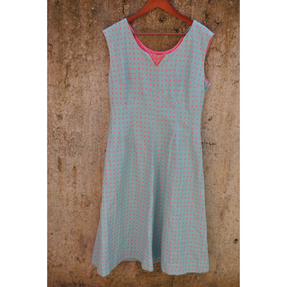 J. Peterman Aqua & Pink Polka Dot Sleeveless Fit & Flare Dress – Size 14